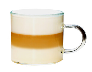 closeup coffee layer hot latte macchiato with milk foam in transparent glass  isolated on white background.