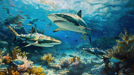Wonderful Sharks swimming in crystal clear waters