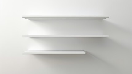 Three empty white floating shelves on a plain white wall Minimalist design Concept of organization storage modern interior simplicity. Copy space. Mockup