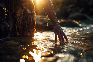 Crossing the Rubicon River: Julius Caesar's Hand Touches the Water, Symbolizing His Historic Decision That Changed the Course of Roman History.