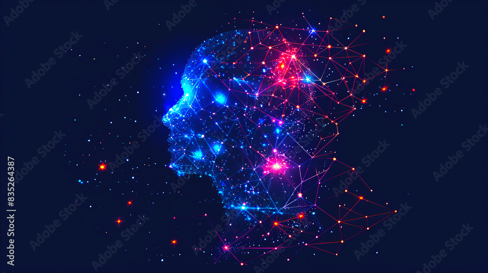 Aufkleber digital illustration of a human head network on a dark blue background, symbolizing technology and i