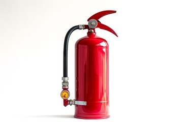 Obraz premium Red fire extinguisher with attached hose on a white background. Safety tool for fire emergencies. Concept of safety, emergency preparedness, fire prevention, protective equipment