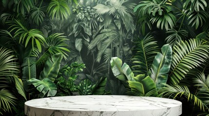 empty marble top product display showcase stage with tropical lush jungle leaves background