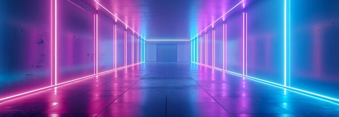 Fototapeta premium Futuristic neon-lit corridor with reflections on shiny floor. Concept of modern architecture, vibrant atmosphere, urban design, nightlife. Banner