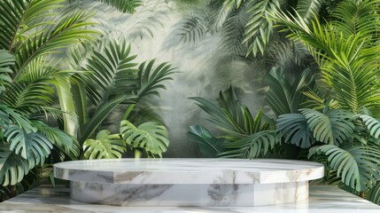Fototapeta premium empty marble top product display showcase stage with tropical lush jungle leaves background