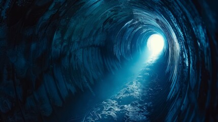 Light at the end of a tunnel with blue illumination. Concept of hope, journey, unknown destination,...