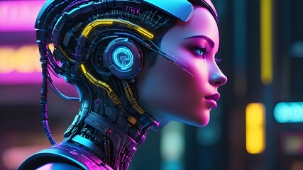 Side view of a humanoid head with blue and yellow eyes and vibrant neon neural network, representing futuristic technology and artificial intelligence.