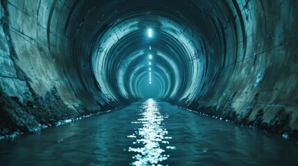 Illuminated underground tunnel with reflective water surface. Long corridor with blue lighting and wet ground. Urban exploration, mysterious, industrial, eerie concept - Powered by Adobe
