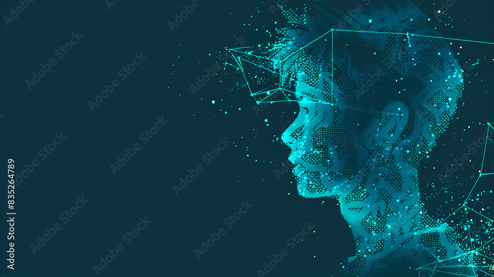 Poster digital profile of a human head made of particles, in cyan and dark blue, showcasing technology conc