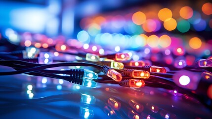 Colorful network cables close up, focus on, copy space with vibrant colors Double exposure silhouette with lights