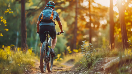 Mature man cycling through a vibrant autumn forest. Concept of outdoor activity, fitness, nature exploration, healthy lifestyle