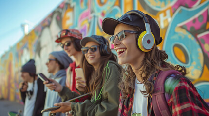 Happy teens with murals