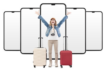 happy young woman tourist traveling with a trolley suitcase, arms raised in joy. isolated on white background with smartphone screen. Concept of summer holiday, online booking, or travel influencer