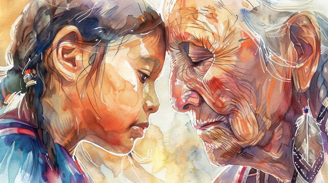 Generations of wisdom. Watercolor painting of a young girl and an elderly woman, representing the passing of knowledge and traditions through time.