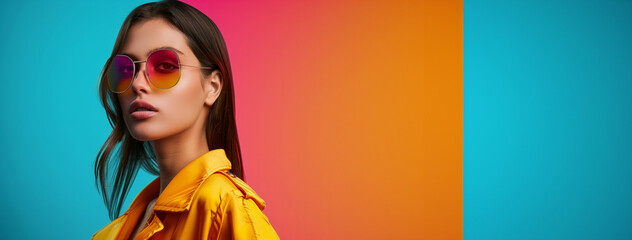 A woman in a yellow jacket stands in front of a colorful background. The background is a mix of orange and blue, creating a vibrant and energetic atmosphere. beautiful young stylish woman