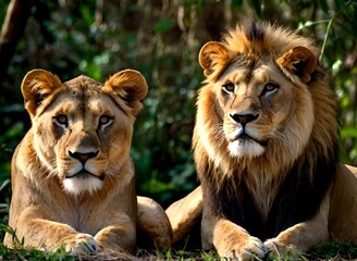 Male lion and a female lion in a large jungle