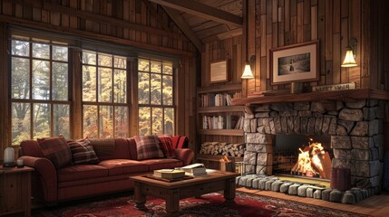 Rustic Cabin Retreat: Illustrate a cozy rustic cabin retreat with a roaring fireplace, wooden interiors, and scenic views, perfect for vacation rentals and relaxation themes.
