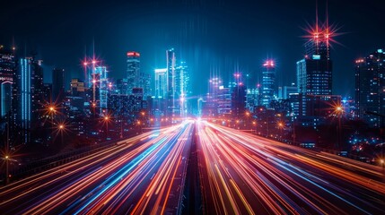 Modern Technology Concept: Smart city with speed line glowing light trail surround the city