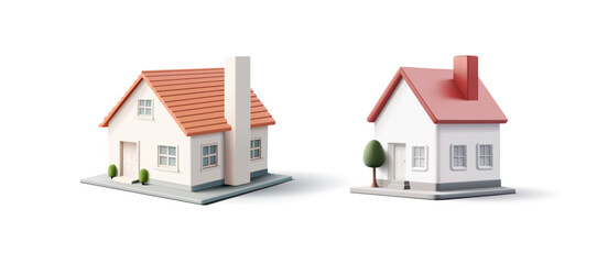 Set of realistic houses, 3D. Real estate, construction, rent, sale, security. 3D rendering on a white background. Vector