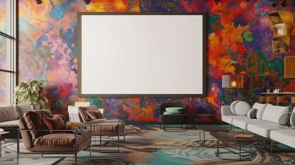 Artistic co-working space with a blank white frame on a vibrant, patterned wall, surrounded by stylish furniture and modern art pieces.