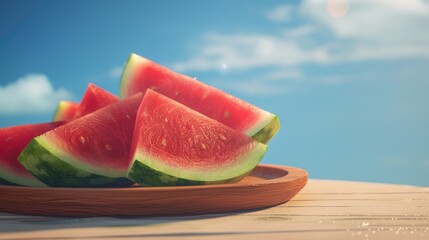 Watermelon slices representing the essence of summer Ripe red and sweet watermelon on a wooden plate A wholesome and juicy treat suitable for a diet vegan or vegetarian lifestyle Set agains