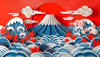 Vibrant Paper Art: Mount Fuji with Red Sun and Momiji Leaves