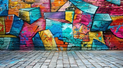 Naklejka premium Urban Graffiti: Depict a vibrant urban graffiti scene with bold street art, expressive murals, and a gritty urban backdrop,