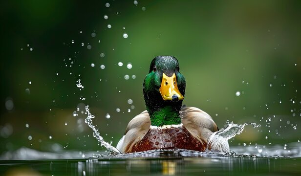 Majestic mallard duck splashing in tranquil pond - Powered by Adobe