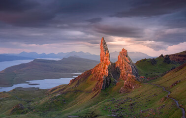 Sunrise at the on man of Storr, located on the Isle of Skye, Scotland.