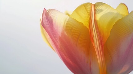 A close-up shot of a yellow and pink gradient tulip, with the petals creating a beautiful color blend against a white backdrop