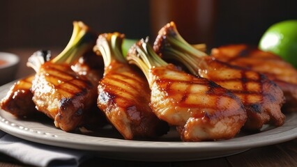 A close-up of oven-baked chicken wings, glistening with a golden-brown glaze. Garnished with fresh herbs, these wings are perfect for any meal or gathering