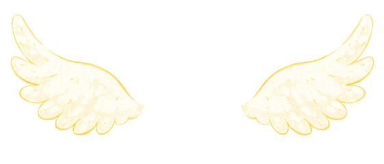 Cute cartoon white angel wings. Golden wings of a bird. Watercolor illustration on isolated background.