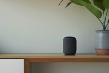 A digital assistant speaker on a minimalist shelf, providing copy space on the right