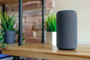 A digital assistant speaker on a minimalist shelf, providing copy space on the right