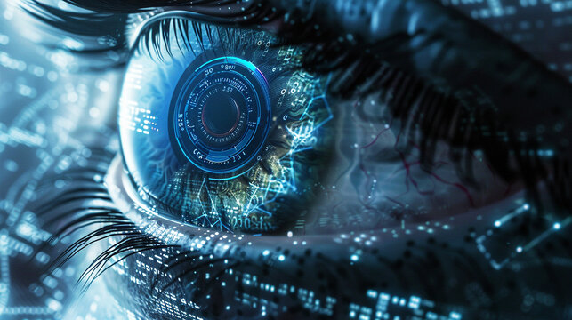 A close-up view of a digital eye, with a pupil composed of swirling code and iris patterns made of digital networks. 