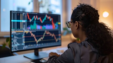 A woman sitting at a desk, focused on a computer monitor in front of her.