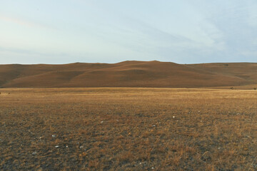 Desolate desert landscape with grassy plain and hills in the background, nature travel adventure concept
