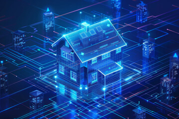 A blue gradient background with glass buildings and financial charts in the shape of bar graphs.
