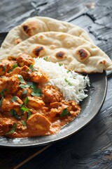 Naklejka premium A gourmet chicken curry with rice and naan bread, displayed on a dark plate with ample copy space around
