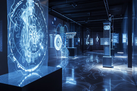 A futuristic art gallery featuring holographic displays and kinetic sculptures that move with the ambient light.