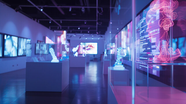 A futuristic art gallery featuring holographic displays and kinetic sculptures that move with the ambient light. - Powered by Adobe