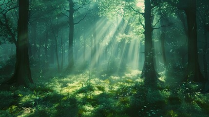 Obraz premium serene forest background, with sunlight filtering through the lush green canopy.