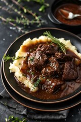 A gourmet beef bourguignon with mashed potatoes and herbs, displayed on a dark plate with ample copy space around