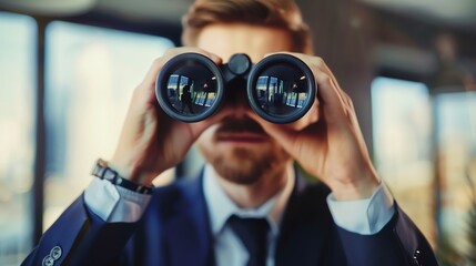 Businessman in a suit using binoculars, searching and looking intently. Concept of vision, future, planning, and opportunity.