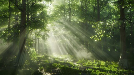 Obraz premium serene forest background, with sunlight filtering through the lush green canopy.