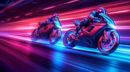 Neon futuristic motorcycles racing in a hyper-speed digital arena. Concept of high-speed technology, futuristic racing, neon lights, and digital thrill