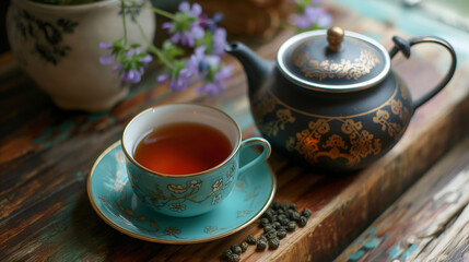 Teapot and Cup of tea table top creative background with copy space. Dried and fresh organic Ceylon tea leaves on a beautiful background.