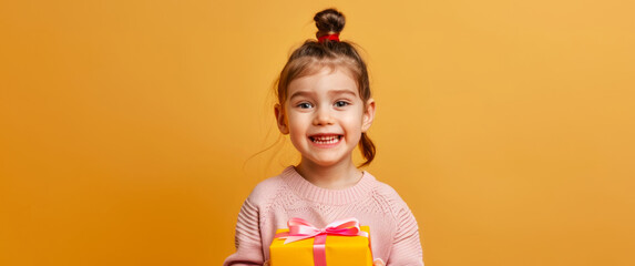 Excited young girl holding a gift box with a golden ribbon. Happy child receiving a present. Concept of celebrations, surprise, joy, and childhood excitement. Copy space