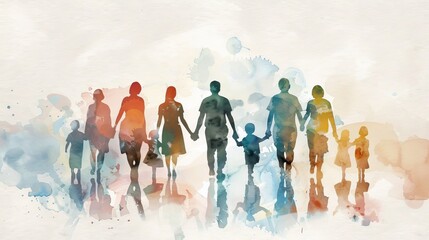 Family holding hands watercolor silhouette. Colorful watercolor silhouette of a large family holding hands and walking together, symbolizing unity and love.