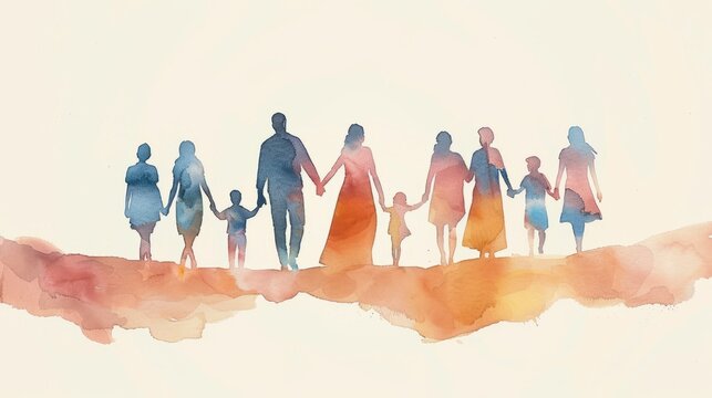 Watercolor family holding hands together. Colorful watercolor silhouette of a large family holding hands together, symbolizing unity, love, and support.